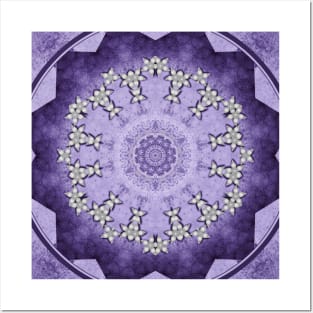 Silver flowers on deep purple textured mandala disc Posters and Art